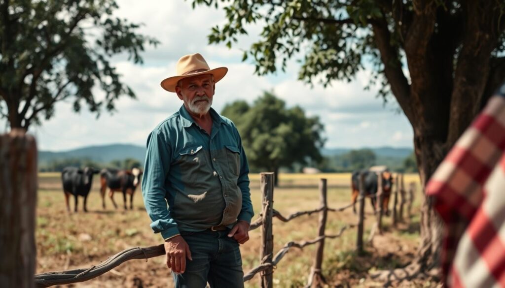 Fazendeiro preocupado observando sua propriedade, representando as consequências da fraude da carne sintética Fazendeiro preocupado observando sua propriedade, representando as consequências da fraude da carne sintética