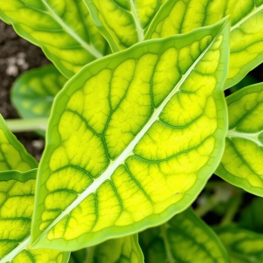 Folhas amareladas com nervuras verdes indicando deficiência de ferro em solo com pH ideal Folhas amareladas com nervuras verdes indicando deficiência de ferro em solo com pH ideal
