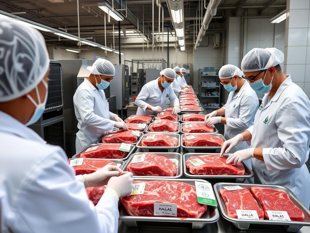 Frigorífico brasileiro preparando cortes de carne bovina para exportação com certificação halal