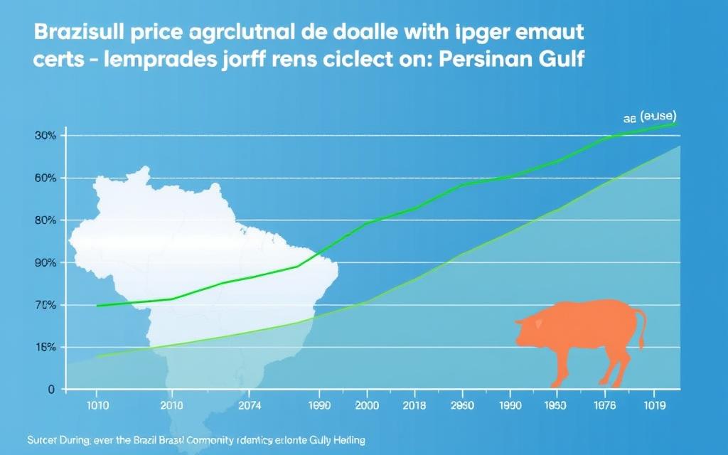 Gráfico comparativo mostrando a valorização de commodities agrícolas brasileiras durante crises anteriores no Golfo Pérsico