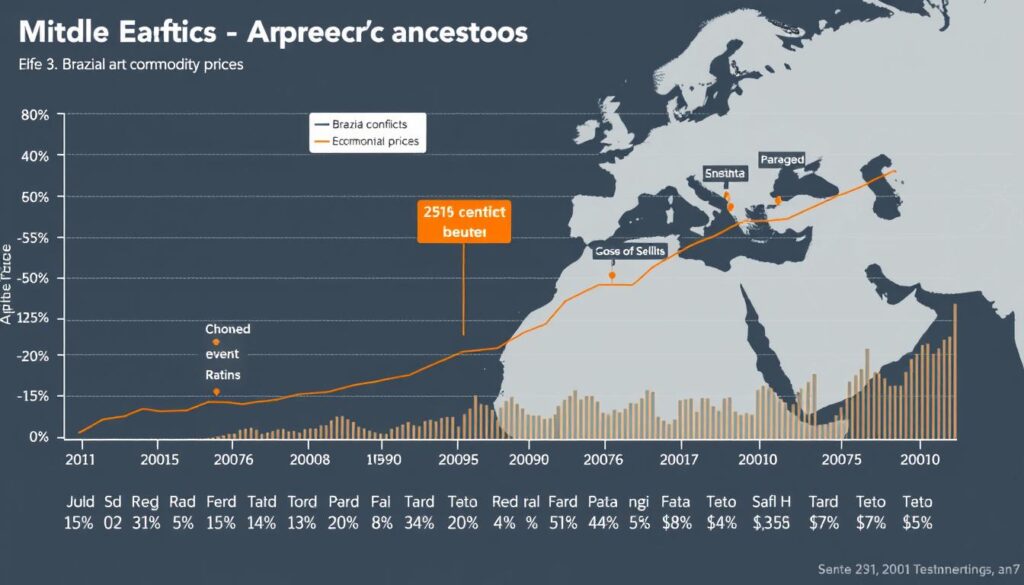 Gráfico mostrando a correlação entre conflitos no Oriente Médio e preços de commodities agrícolas brasileiras