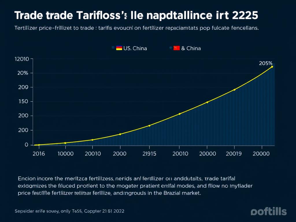 Gráfico mostrando a evolução das tarifas comerciais entre EUA e China afetando o mercado de fertilizantes e o agro brasileiro Gráfico mostrando a evolução das tarifas comerciais entre EUA e China afetando o mercado de fertilizantes e o agro brasileiro
