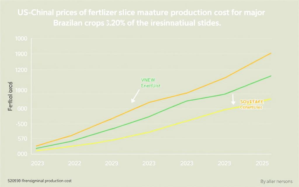 Gráfico mostrando a evolução dos preços de fertilizantes e seu impacto nos custos de produção do agro brasileiro durante a rivalidade EUA-China Gráfico mostrando a evolução dos preços de fertilizantes e seu impacto nos custos de produção do agro brasileiro durante a rivalidade EUA-China
