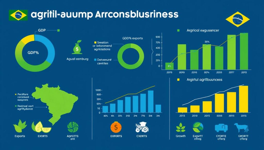 Gráficos mostrando a participação do agronegócio no PIB e nas exportações brasileiras Gráficos mostrando a participação do agronegócio no PIB e nas exportações brasileiras