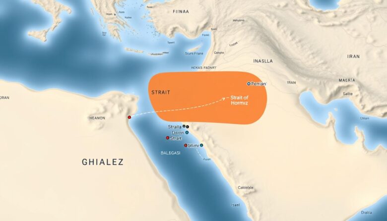 Mapa do Golfo Pérsico destacando o Estreito de Ormuz e rotas comerciais afetadas pelo conflito entre Israel e Irã