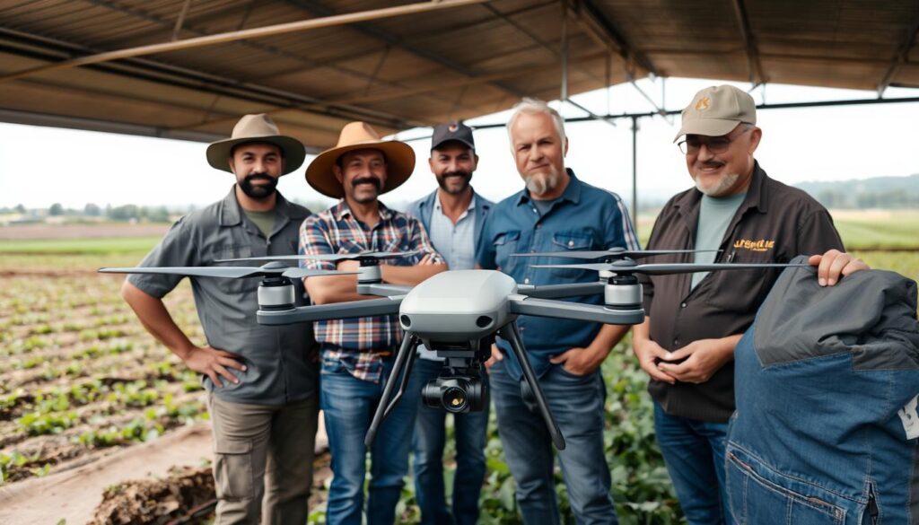 Membros da Cooperativa Sul Mineira ao lado de equipamentos de drone Membros da Cooperativa Sul Mineira ao lado de equipamentos de drone