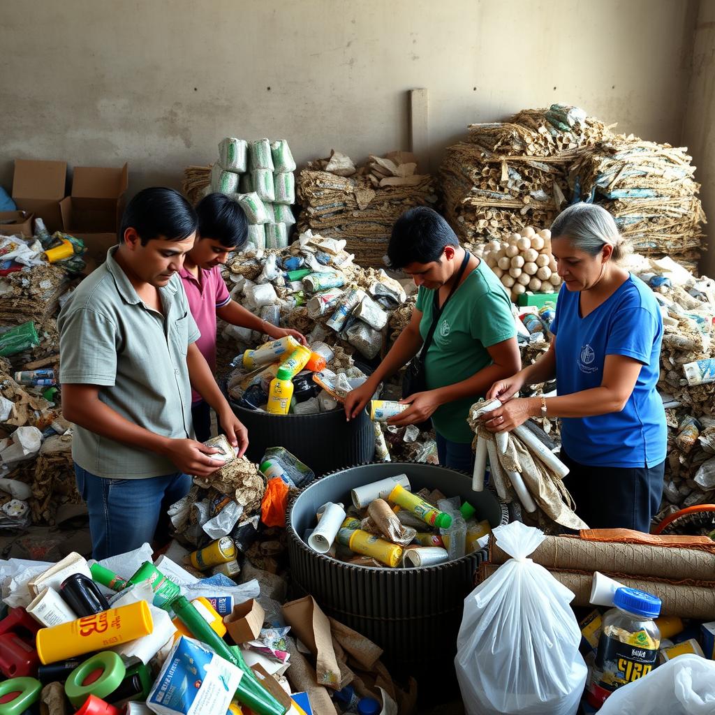Membros de cooperativa rural de reciclagem organizando materiais coletados Membros de cooperativa rural de reciclagem organizando materiais coletados