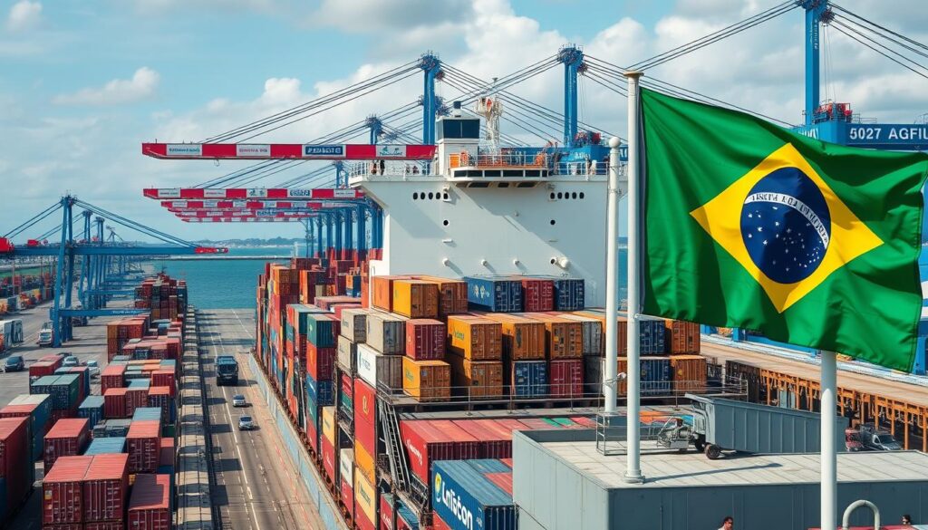 Navio cargueiro brasileiro sendo carregado com containers de produtos agrícolas para exportação