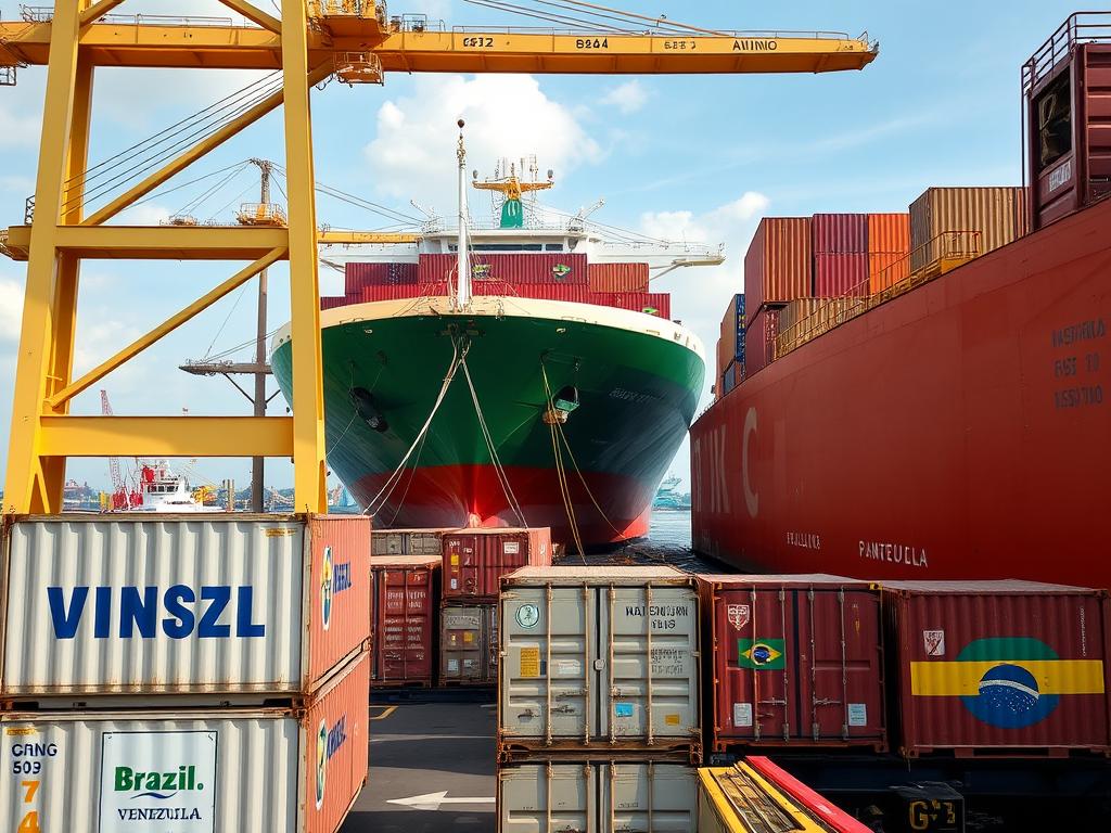 Navio carregando grãos brasileiros no porto com destino à Venezuela Navio carregando grãos brasileiros no porto com destino à Venezuela