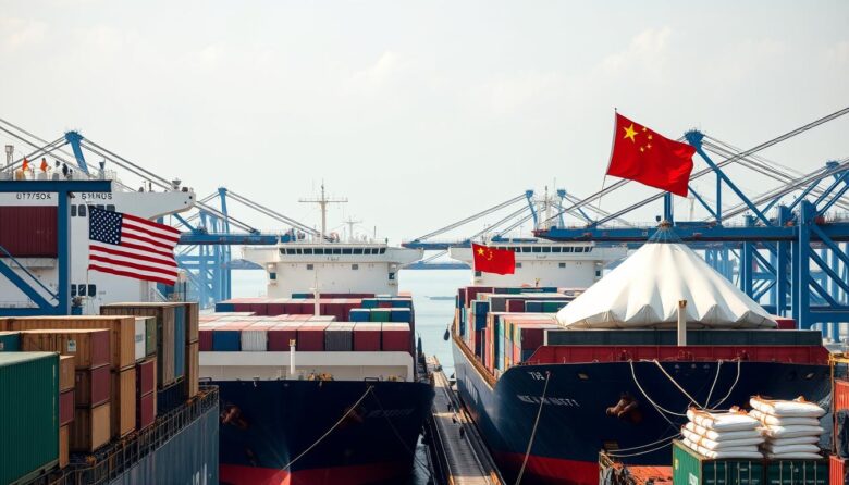 Navios cargueiros transportando fertilizantes em porto com bandeiras dos EUA e China simbolizando a rivalidade EUA-China na exportação de fertilizantes para o agro brasileiro