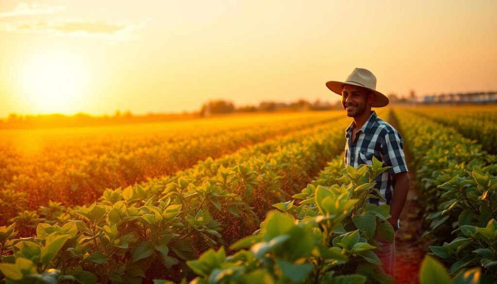 Pequeno agricultor observando sua plantação irrigada de forma eficiente ao pôr do sol Pequeno agricultor observando sua plantação irrigada de forma eficiente ao pôr do sol