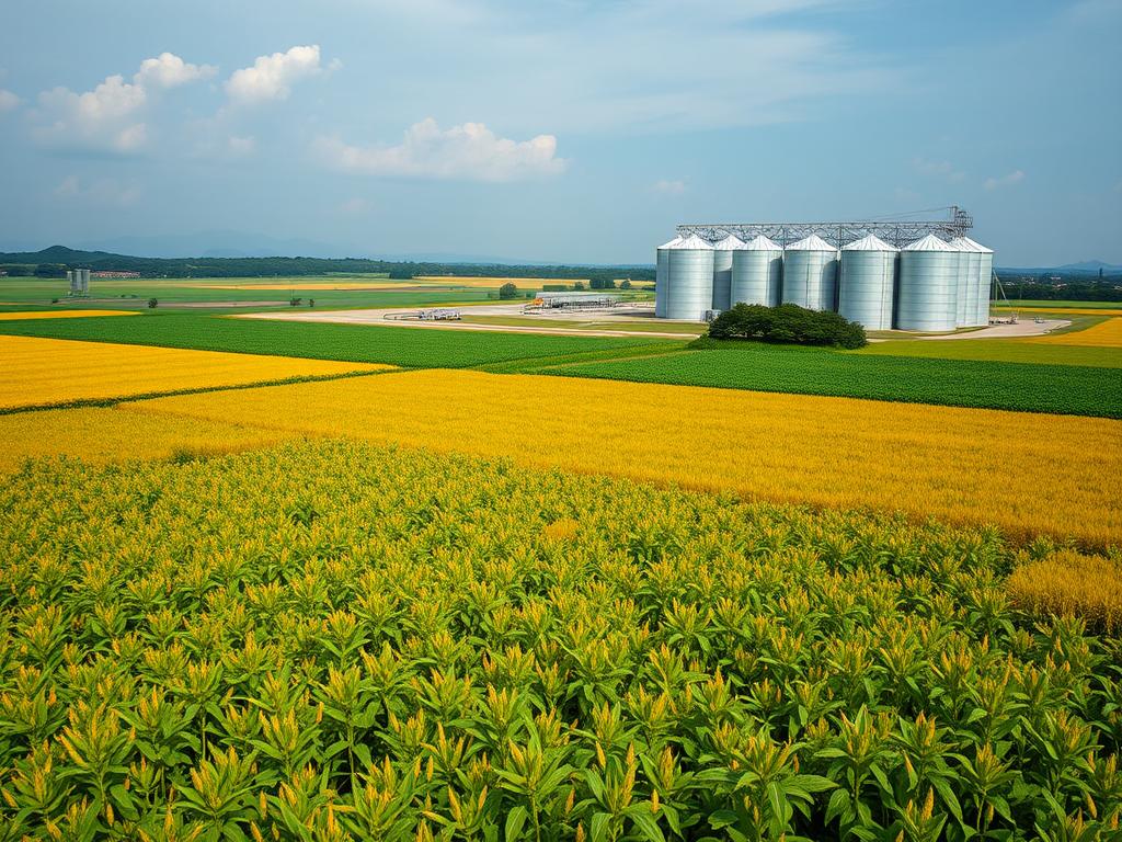 Plantação de soja brasileira com silos de armazenamento ao fundo, representando o potencial de exportação durante o conflito no Golfo Pérsico