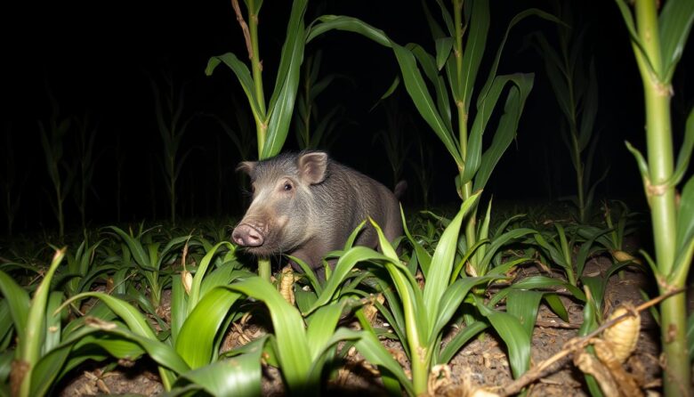 Porco-do-mato invadindo uma plantação de milho durante a noite
