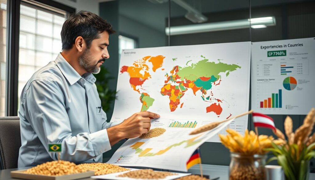 Produtor brasileiro de grãos analisando oportunidades de exportação para países em crise Produtor brasileiro de grãos analisando oportunidades de exportação para países em crise
