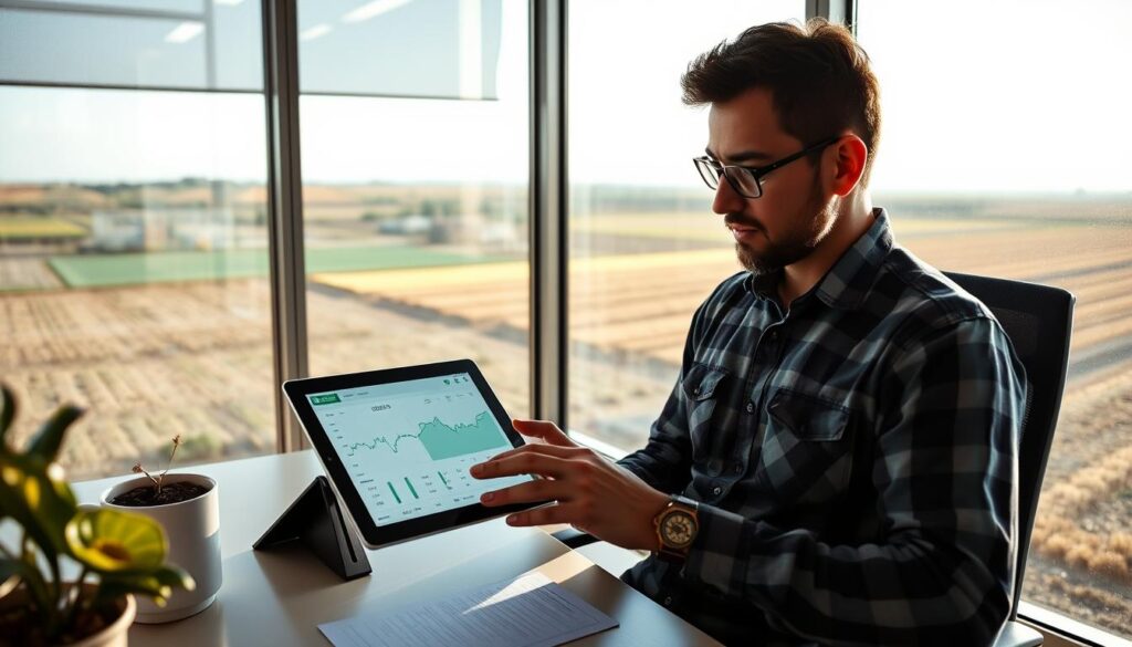 Produtor rural brasileiro analisando dados de mercado em tablet, representando a tomada de decisão estratégica durante o conflito no Golfo Pérsico