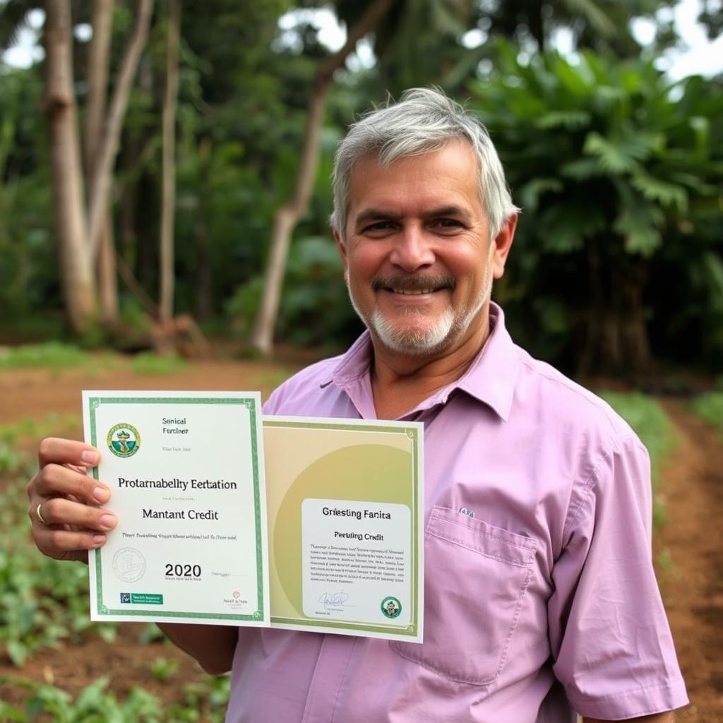 Produtor rural mostrando certificado de créditos de sustentabilidade Produtor rural mostrando certificado de créditos de sustentabilidade