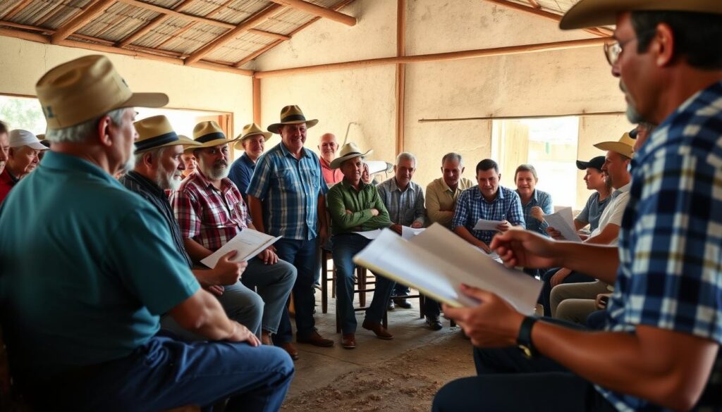 Produtores rurais unidos em associação discutindo estratégias contra a fraude da carne sintética Produtores rurais unidos em associação discutindo estratégias contra a fraude da carne sintética
