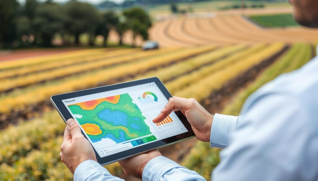 Profissional analisando resultados de Zoneamento Inteligente em tablet com campo produtivo ao fundo Profissional analisando resultados de Zoneamento Inteligente em tablet com campo produtivo ao fundo