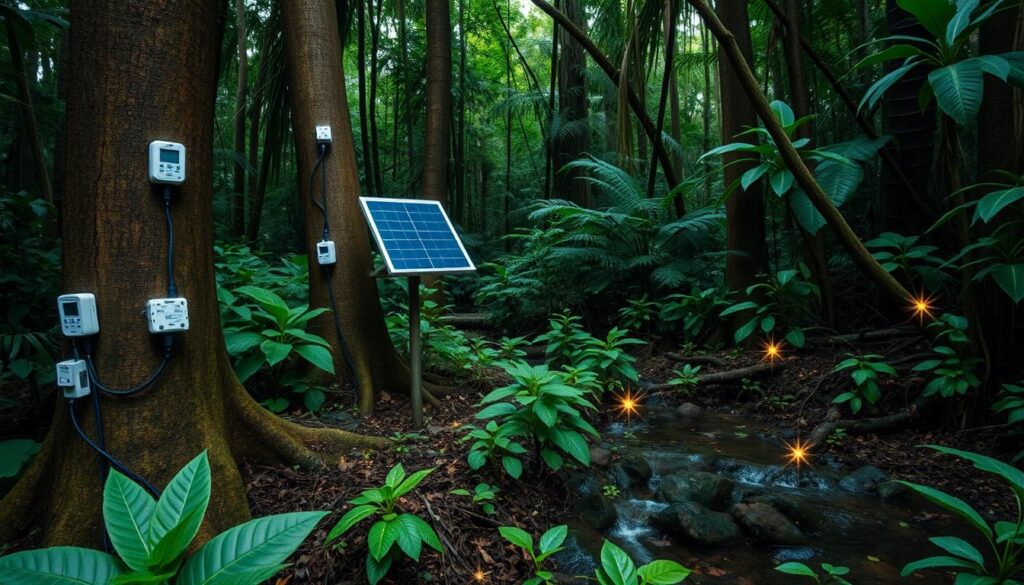 Rede de sensores IoT monitorando condições ambientais em floresta tropical Rede de sensores IoT monitorando condições ambientais em floresta tropical