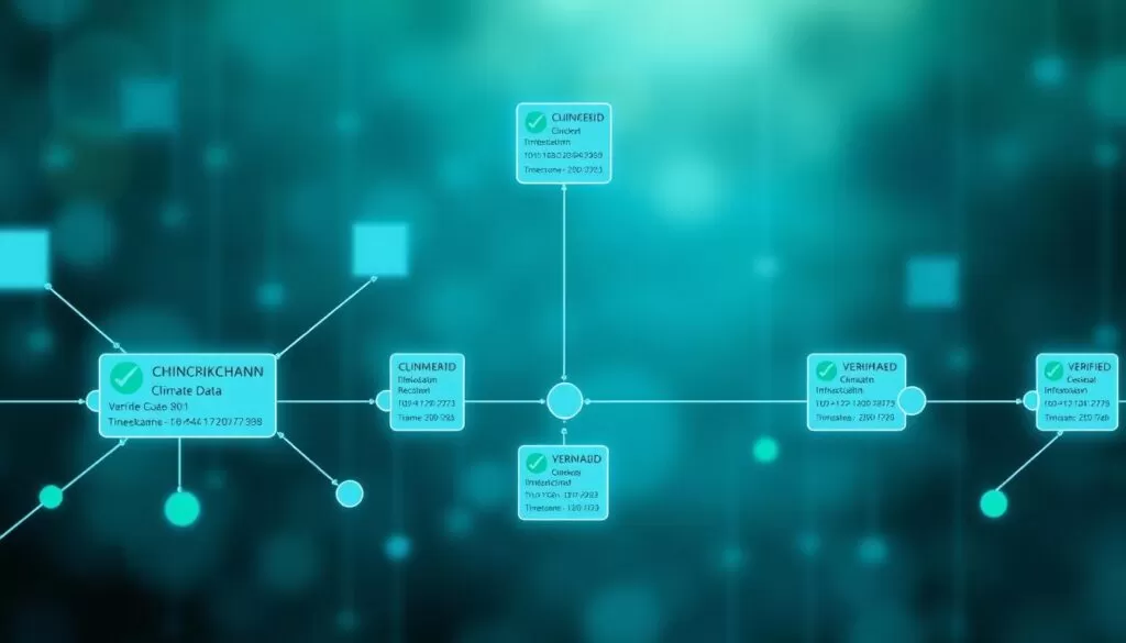 Representação visual de blockchain registrando dados climáticos com nós conectados e informações verificadas Representação visual de blockchain registrando dados climáticos com nós conectados e informações verificadas