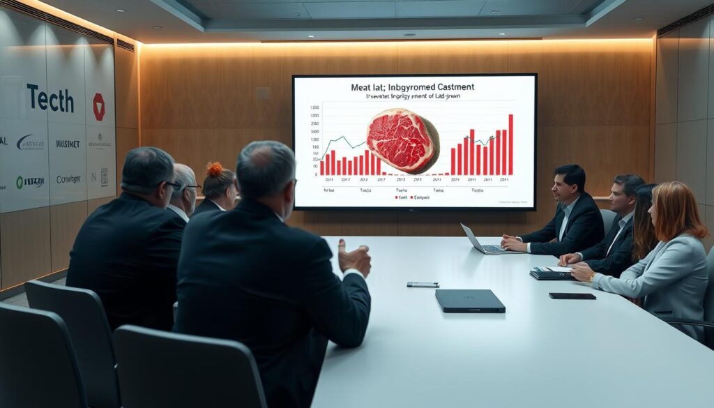 Reunião de executivos de grandes corporações discutindo investimentos em carne sintética, revelando a fraude da carne sintética Reunião de executivos de grandes corporações discutindo investimentos em carne sintética, revelando a fraude da carne sintética