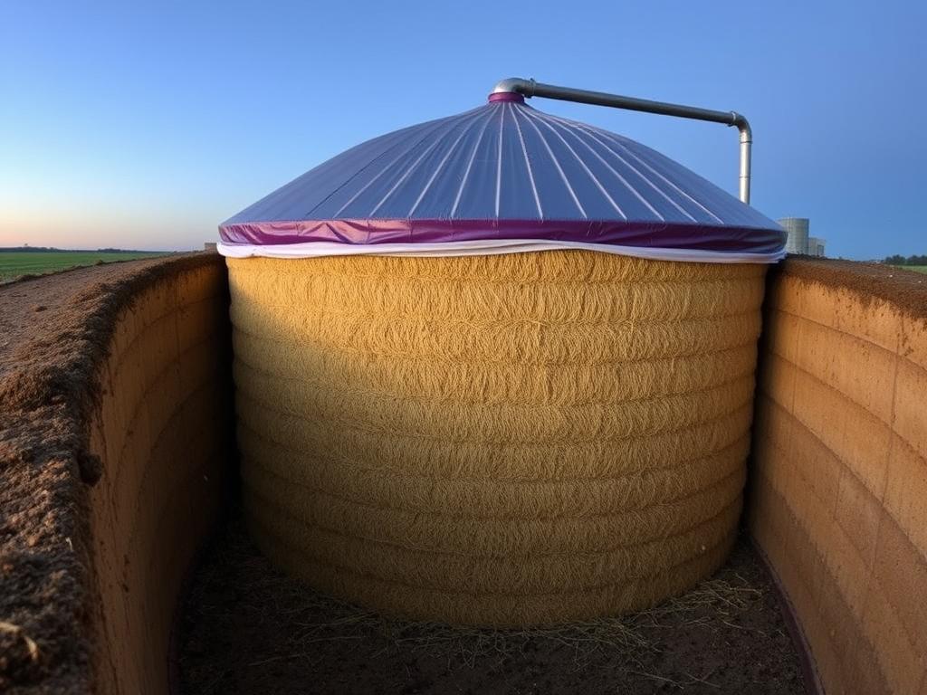 Silo trincheira bem compactado para armazenamento de silagem para ração para gado de leite