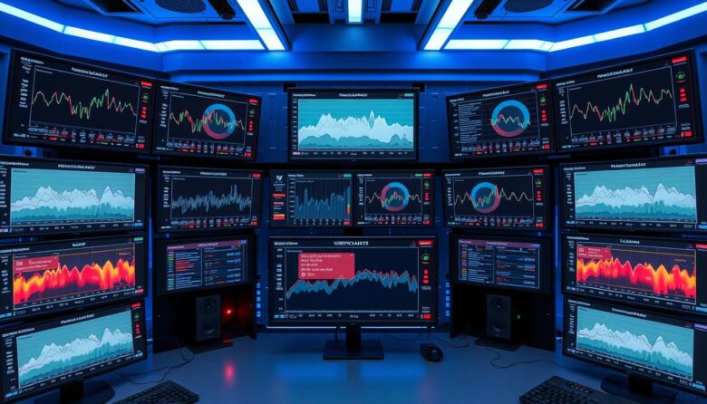Sistema de IA analisando dados climáticos em múltiplas telas com gráficos e alertas de verificação