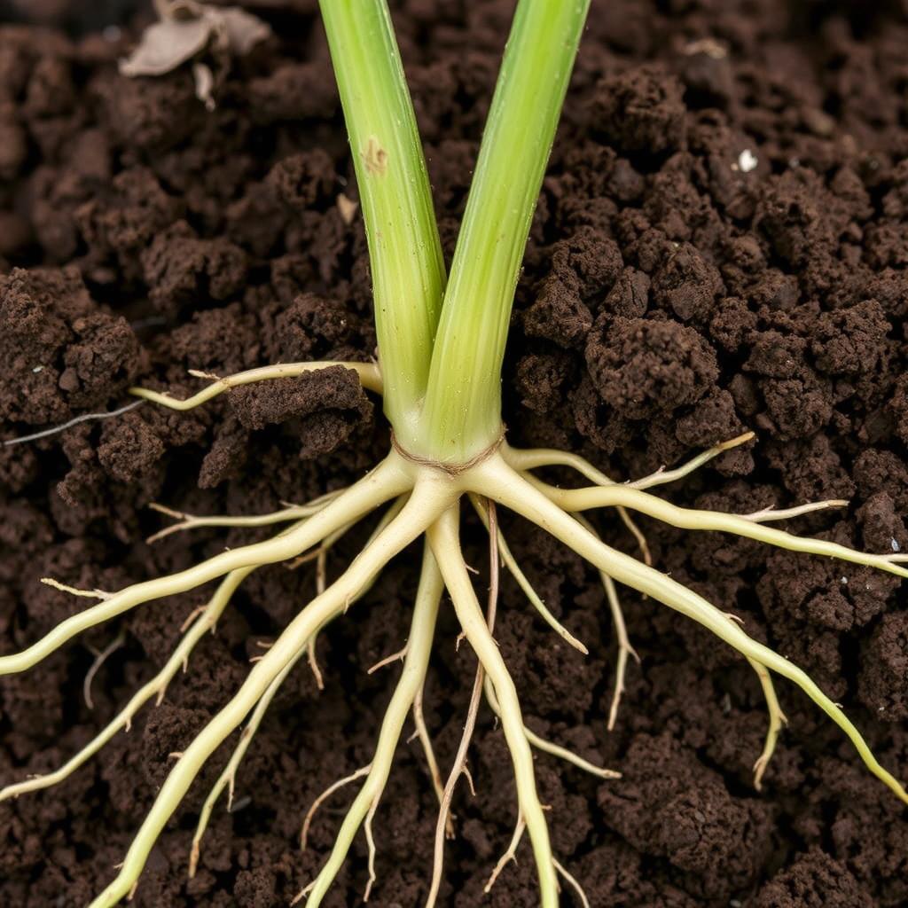 Sistema radicular deformado em L devido à compactação subsuperficial do solo matando lavoura Sistema radicular deformado em L devido à compactação subsuperficial do solo matando lavoura
