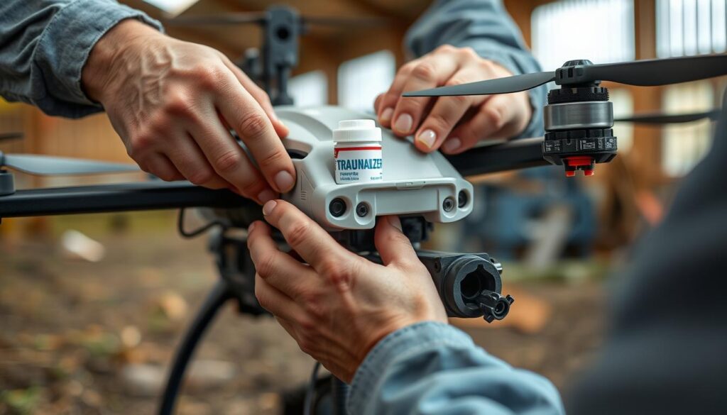Técnico realizando manutenção em drone para aplicação de pó tranquilizante Técnico realizando manutenção em drone para aplicação de pó tranquilizante