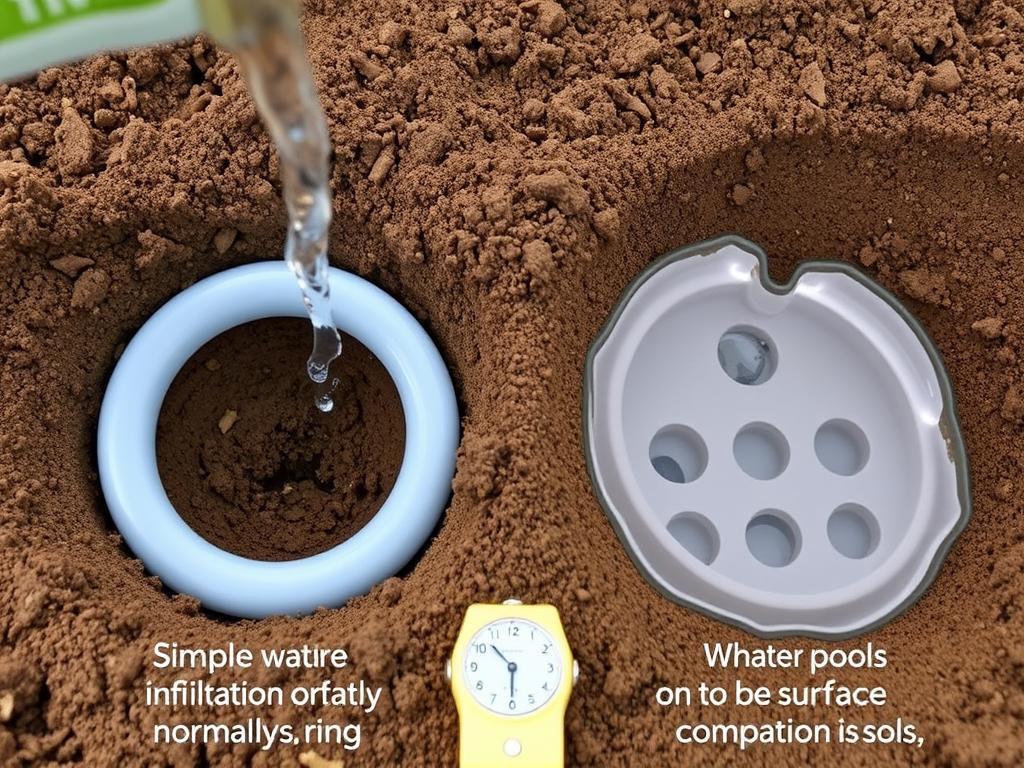 Teste de infiltração de água revelando problemas de compactação no solo Teste de infiltração de água revelando problemas de compactação no solo