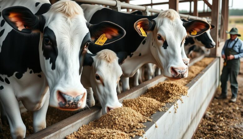 Vacas leiteiras se alimentando com ração balanceada produzida na propriedade