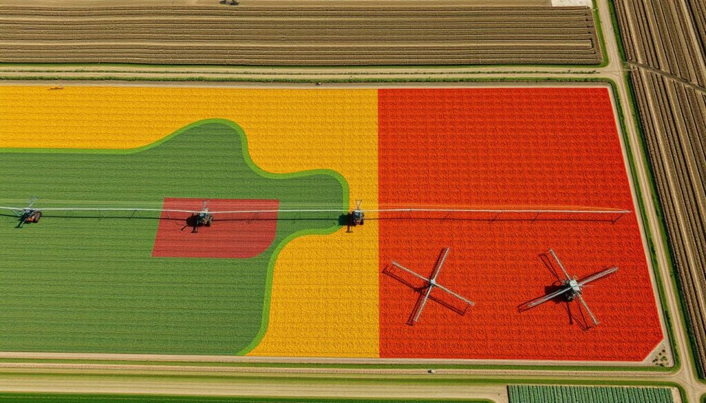 Visão aérea de uma fazenda utilizando Zoneamento Inteligente com diferentes zonas claramente visíveis Visão aérea de uma fazenda utilizando Zoneamento Inteligente com diferentes zonas claramente visíveis