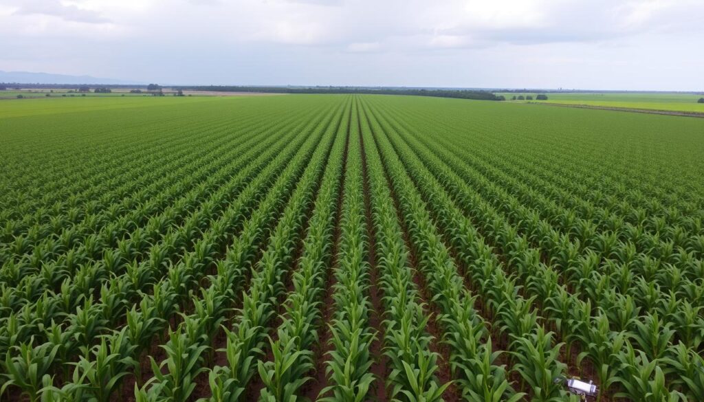 Vista aérea da Fazenda Santa Luzia com plantação de milho protegida Vista aérea da Fazenda Santa Luzia com plantação de milho protegida