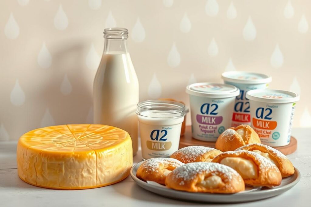 A bountiful display of dairy products derived from A2 milk, showcased against a soft, pastel-hued backdrop. In the foreground, an artisanal cheese wheel, its golden rind glistening under warm, natural lighting. Beside it, a glass bottle of rich, creamy A2 milk, alongside a selection of fresh yogurt cups in various flavors. In the middle ground, a tray of buttery A2 milk-based pastries, their delicate flaky crusts dusted with a light powdering of sugar. The background features a subtle pattern of stylized milk droplets, lending a sense of elegance and premium quality to the scene. The overall composition conveys the high-end, artisanal nature of A2 dairy products, inviting the viewer to imagine the delectable flavors and quality craftsmanship within.