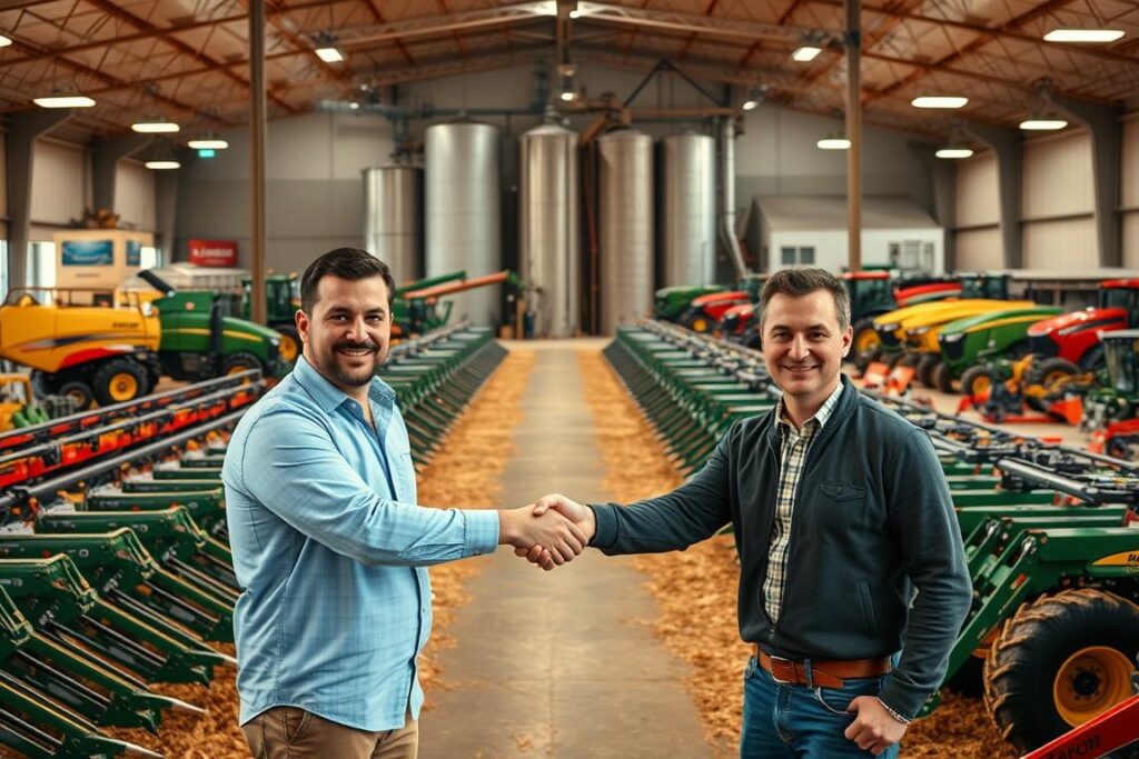 A bustling business partnership showcase, showcasing a diverse array of agricultural equipment and supplies. In the foreground, two entrepreneurs shake hands, their expressions exuding confidence and enthusiasm. The middle ground features rows of neatly arranged farming machinery, each gleaming under the warm, diffused lighting. In the background, towering silos and barn structures lend an air of authenticity, hinting at the productive farmland that surrounds the scene. The overall atmosphere evokes a sense of collaboration, innovation, and the seamless integration of modern agribusiness.