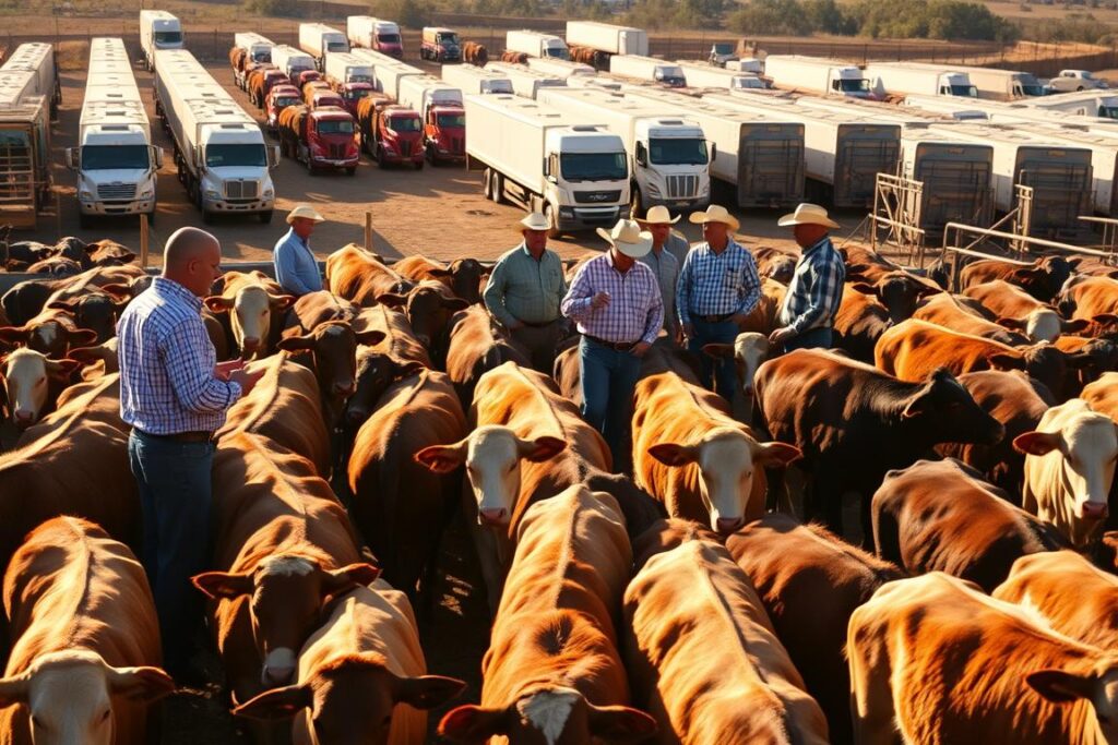 A busy cattle trading yard, with a group of farmers and livestock buyers negotiating deals. In the foreground, a herd of well-fed, healthy-looking calves stand in pens, their coats gleaming under the warm, golden light of the afternoon sun. In the middle ground, men in cowboy hats and boots discuss prices and terms, gesturing animatedly. In the background, rows of trucks and trailers wait to transport the livestock to nearby feedlots. The scene conveys a sense of bustling commerce, with an air of trust and camaraderie between the buyers and sellers. The overall mood is one of opportunity and optimism, reflecting the potential for lucrative direct sales between producers and feedlot operators.