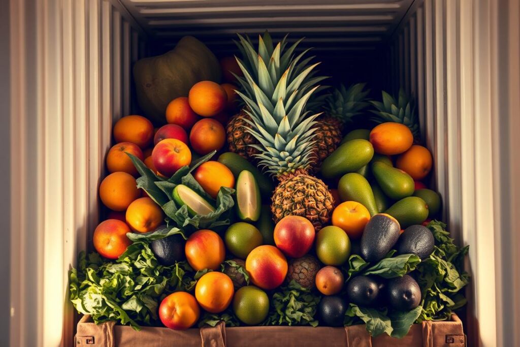 A close-up, high-resolution, detailed view of freshly harvested, vibrant, exotic fruits and vegetables being carefully packed and loaded into a refrigerated cargo container for export. Lush, juicy mangoes, pineapples, avocados, and leafy greens are delicately arranged, showcasing their natural colors and textures. The container's interior is illuminated by soft, diffused lighting, creating a warm, inviting atmosphere. The scene conveys a sense of precision, care, and the high-value nature of these premium agricultural products as they are prepared for international distribution.