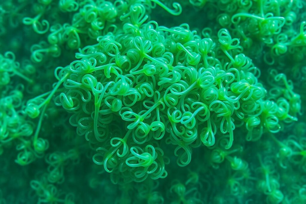 A close-up, hyper-realistic photograph of a handful of vibrant, blue-green spirulina microalgae floating in crystal-clear water. The spirulina filaments are densely packed, showcasing their intricate, spiral structures in vivid detail. Bright, diffused natural lighting illuminates the scene, casting soft shadows and highlights that accentuate the microalgae's textured surfaces. The image has a sharp, professional focus, capturing the spirulina's rich pigmentation and delicate, organic forms in striking clarity. The overall composition emphasizes the microalgae's visual appeal and potential as a high-quality, sustainable ingredient for animal feed.