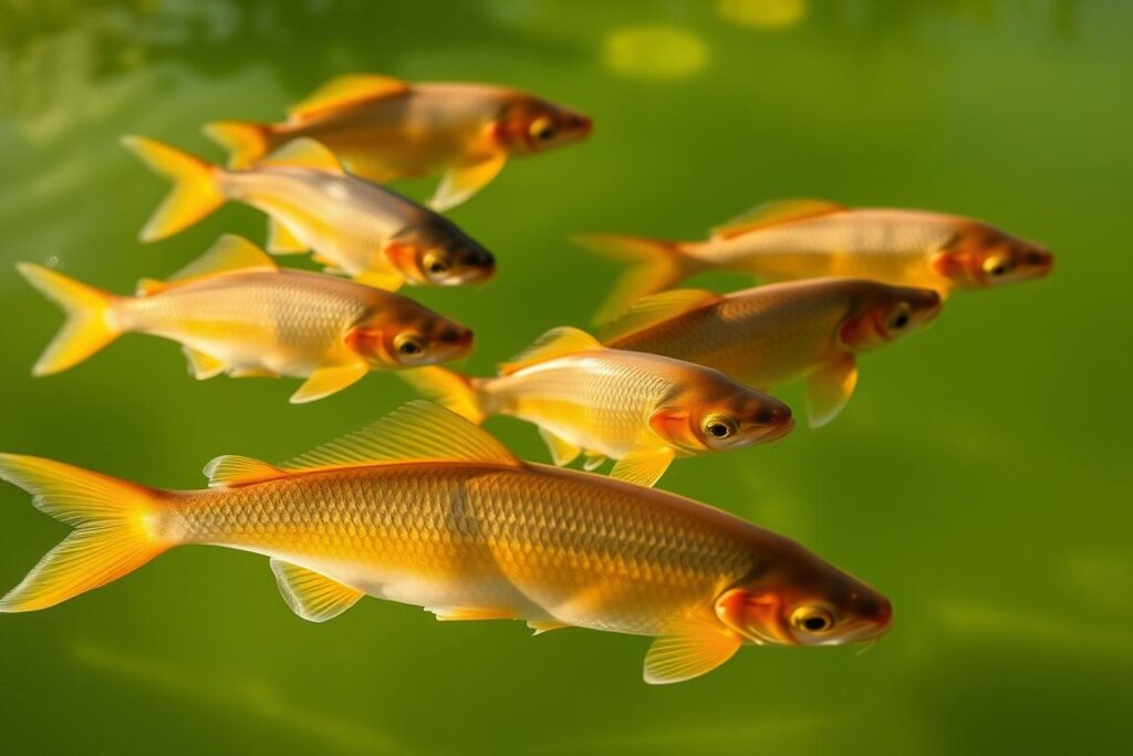 A close-up shot of several freshwater fish swimming gracefully in a lush, green-tinted body of water. The fish are highlighted with warm, diffused lighting, their scales glistening as they dart and weave through the tranquil, reflective surface. The background is softly blurred, emphasizing the foreground subjects and creating a serene, naturalistic atmosphere. The composition is balanced, with the fish positioned at various depths and angles to showcase their vibrant colors and distinctive features. An overall calming and immersive scene that would complement the section on selecting the ideal fish species for a rice-fish farming system.
