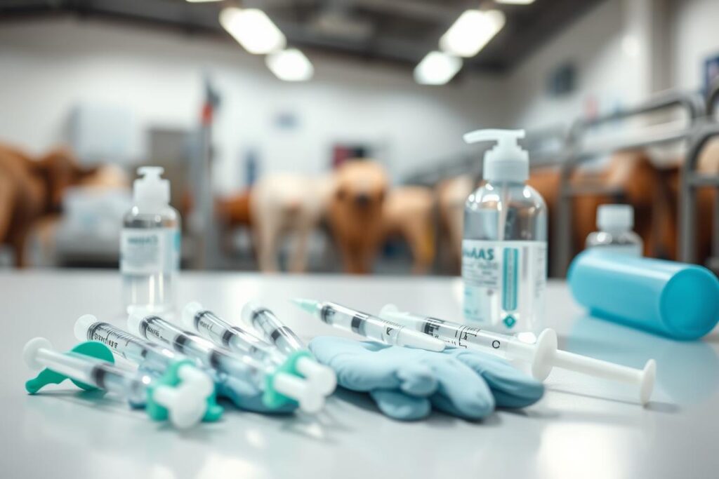 A close-up view of disinfected medical equipment, including syringes, gloves, and antiseptic bottles, arranged neatly on a clean, white surface. The scene is illuminated by soft, diffused lighting, creating a sterile and clinical atmosphere. In the background, a blurred medical facility or veterinary clinic can be seen, further emphasizing the health and safety protocols associated with livestock care. The overall composition conveys a sense of professionalism, attention to detail, and a commitment to safeguarding the well-being of animals.