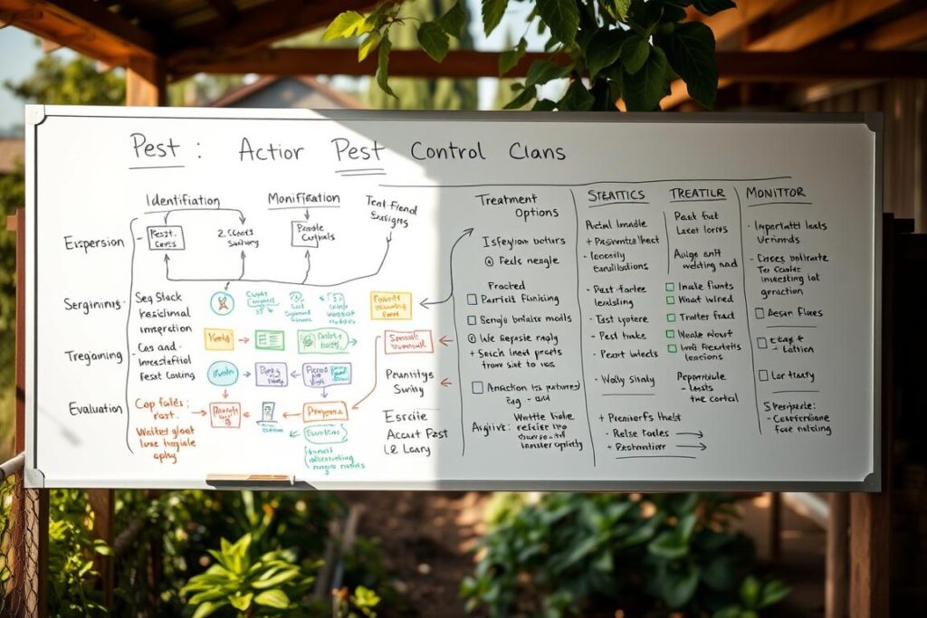 A detailed, action-oriented plan for pest control displayed on a whiteboard or chalkboard. The foreground shows a step-by-step flowchart with headings like 