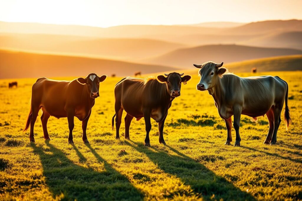 A detailed comparative analysis of the cost variations among the primary cattle breeds, showcased against a natural backdrop. A panoramic view of a lush, rolling pasture, bathed in warm, golden sunlight, with silhouettes of diverse cattle breeds grazing peacefully. The foreground features three distinctive cattle breeds - a robust Angus, a sleek Hereford, and a majestic Brahman - standing in profile, their features highlighted by dramatic, directional lighting. The midground captures the varied body types and coloration patterns, while the distant background blends seamlessly into a horizon of verdant hills. The overall scene conveys a sense of harmony and the nuanced economic factors that influence the production costs associated with each breed.