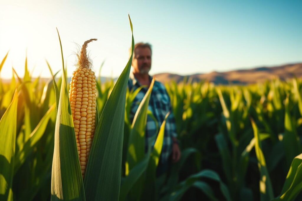 A detailed, high-resolution photograph of a lush, verdant cornfield with rows of tall, vibrant corn stalks swaying gently in the breeze. The foreground features a close-up view of several ears of biorespirated corn, their kernels plump and glistening. In the middle ground, a farmer stands inspecting the crop, a look of pride and contemplation on their weathered face. The background depicts a backdrop of rolling hills and a clear, azure sky, bathed in warm, golden sunlight that casts a gentle glow over the entire scene. The image conveys the care, expertise, and attention to detail required for the sustainable production of premium biorespirated corn.