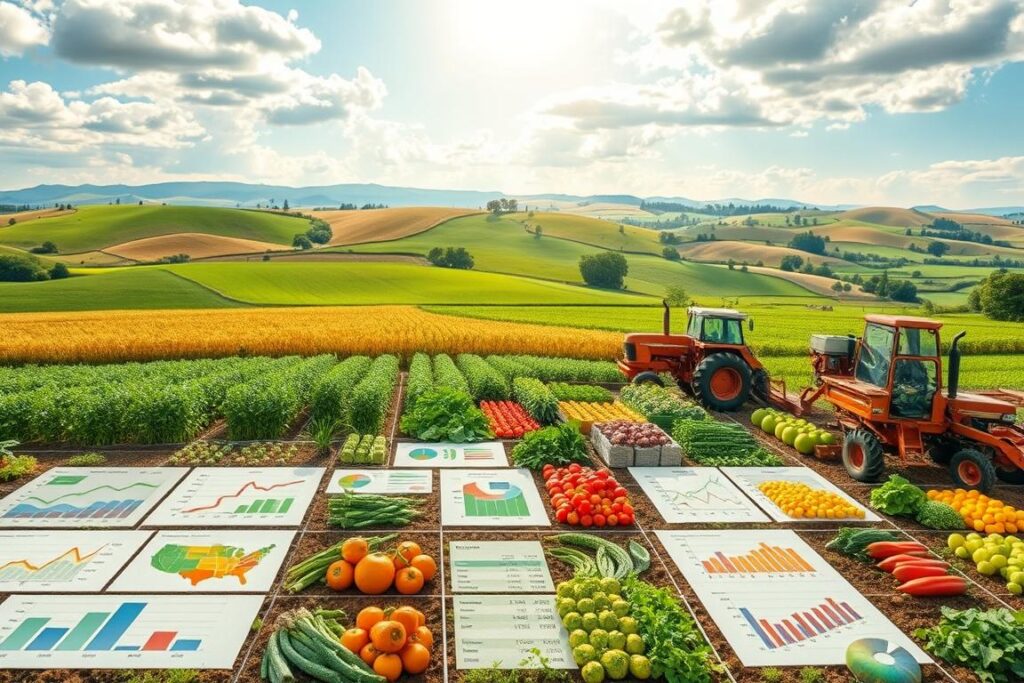 A detailed illustration of the various economic analysis methods used to assess the viability of intercropping strategies. The foreground depicts a grid of colorful graphs, charts, and financial calculations, showcasing the analytical tools and data visualization techniques employed. The middle ground features a diverse array of crops and farming equipment, representing the practical application of these economic analyses in the agricultural context. The background sets a serene, sun-dappled landscape of rolling hills and verdant fields, conveying the broader context of sustainable agriculture. Crisp, high-resolution rendering with a sense of depth and photorealism, using a wide-angle lens to capture the comprehensive scope of the subject matter.