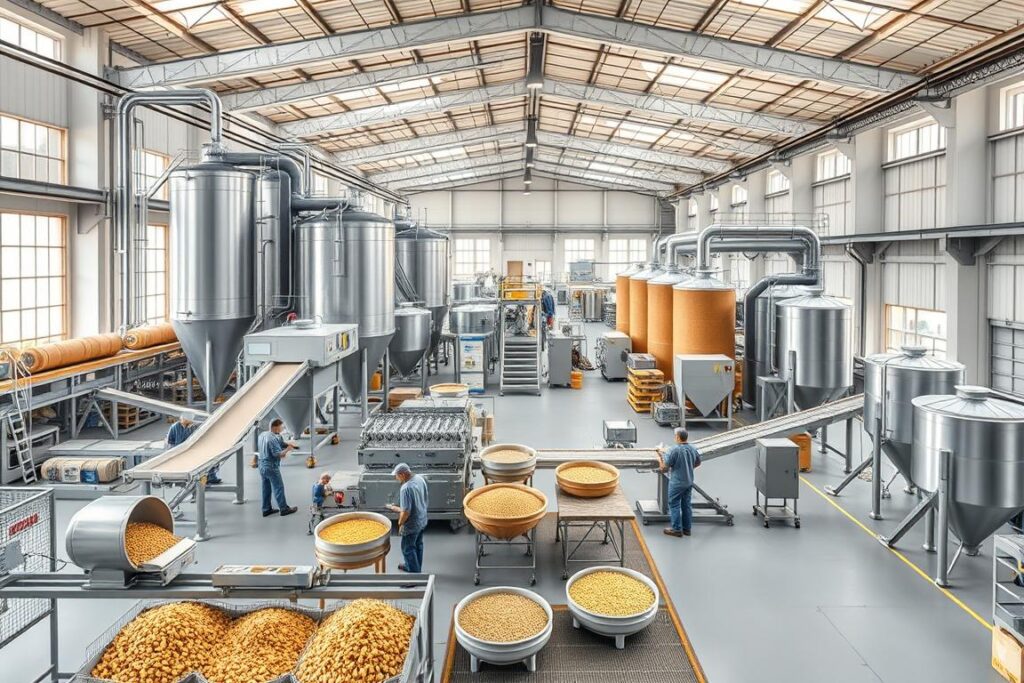 A detailed step-by-step production process of a balanced animal feed manufacturing facility. In the foreground, workers operate specialized machinery, conveyor belts, and mixing vats, meticulously blending ingredients harvested from nearby farms. The middle ground features large silos, storage units, and quality control stations, while the background showcases the expansive factory floor with high ceilings and abundant natural light from large windows. The scene conveys a sense of efficiency, precision, and environmental sustainability, reflecting the guide's focus on creating a self-sufficient, waste-minimizing feed production operation.