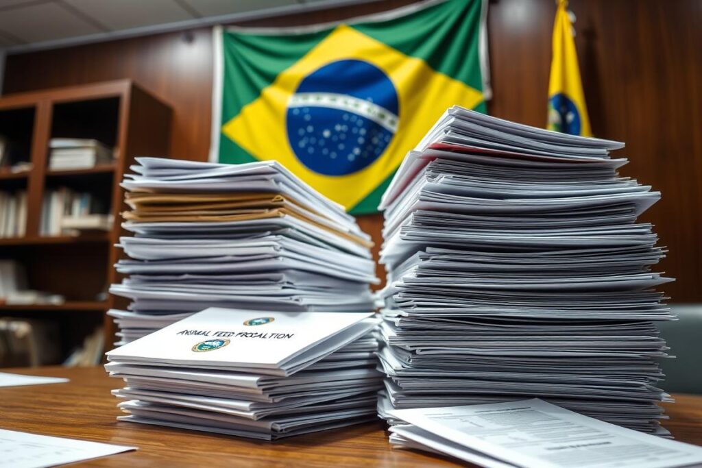 A detailed, well-lit photograph of a large stack of legal documents, books, and papers, neatly arranged on a wooden desk. The documents have Brazilian government seals and logos, indicating they are Brazilian legislation and regulations related to animal feed production. In the background, a Brazilian flag hangs on the wall, providing a clear national context. The lighting is bright and even, highlighting the professional, authoritative nature of the subject matter. The camera angle is slightly elevated, giving a sense of the importance and gravity of the regulations depicted.