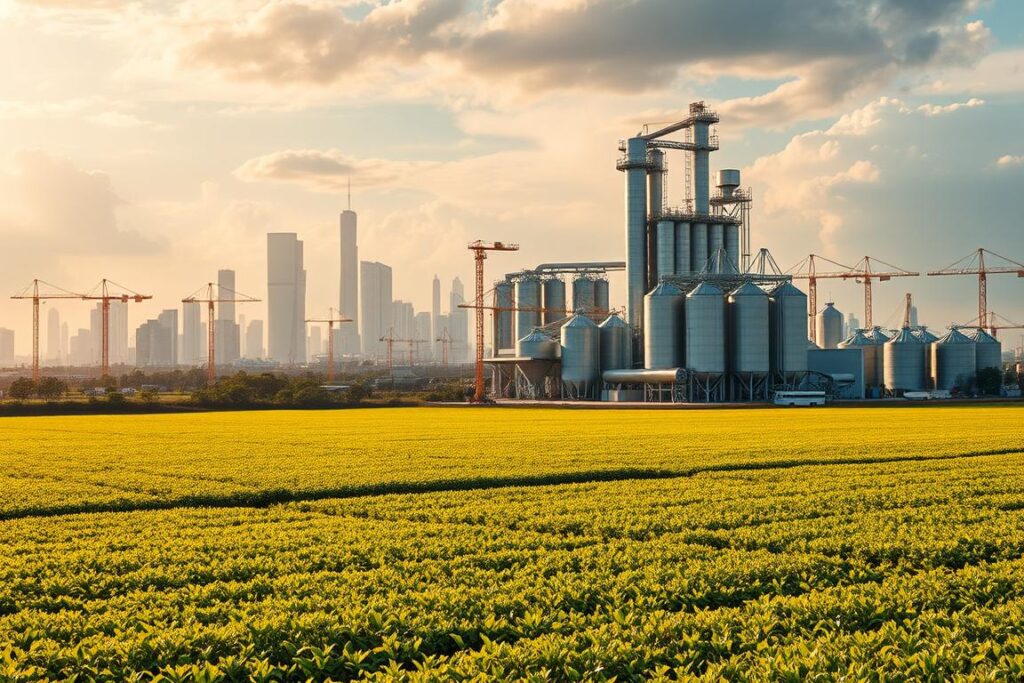A dynamic, visually striking landscape showcasing the global competitiveness of Brazilian agribusiness. In the foreground, a vast expanse of lush, verdant farmland stretches towards the horizon, dotted with towering silos and state-of-the-art machinery. Towering in the middle ground, a gleaming, futuristic processing plant, its sleek lines and efficient design symbolizing the industry's technological prowess. In the background, a dramatic skyline of skyscrapers and towering cranes, representing the international trade networks and global markets that drive the sector's success. Warm, golden lighting bathes the scene, creating a sense of prosperity and optimism. The overall composition conveys the scale, sophistication, and dynamism of Brazil's agricultural powerhouse, ready to meet the world's growing demands.