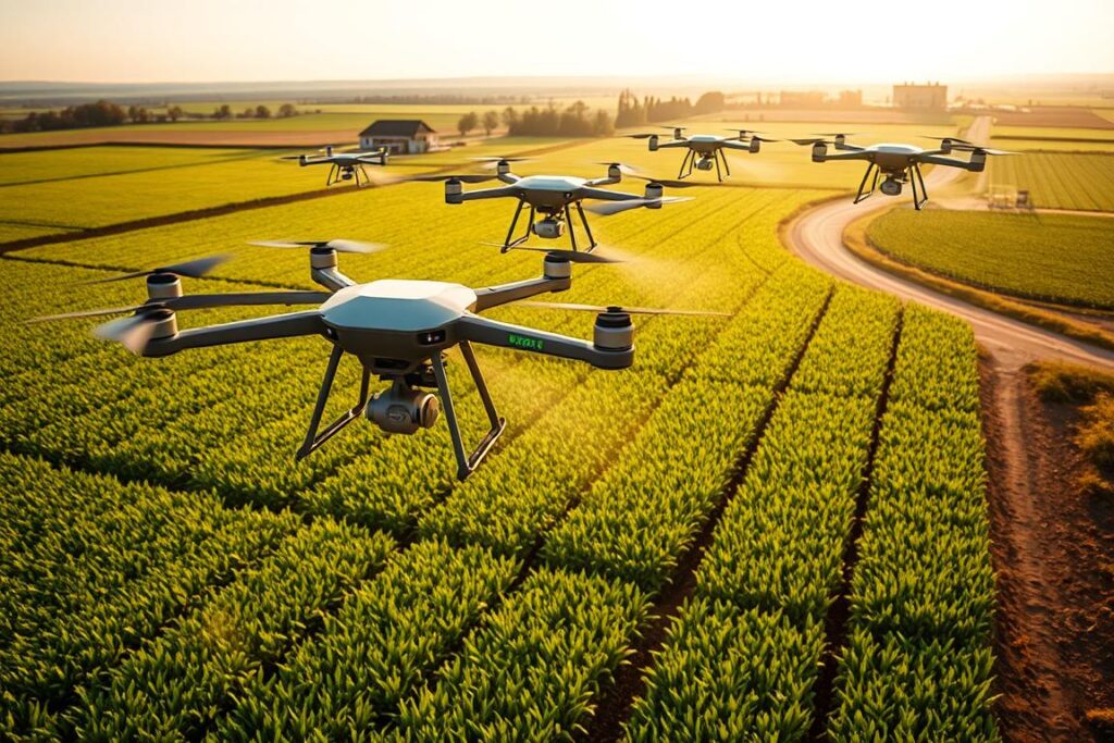 A fleet of agricultural drones hovering over a lush, verdant farmland, their sleek, futuristic frames casting dynamic shadows across the vibrant, sun-dappled crops below. The drones, equipped with state-of-the-art spraying mechanisms, methodically traverse the fields, dispensing precise, targeted bursts of pesticides and fertilizers with unparalleled efficiency. The scene is bathed in a warm, golden glow, creating a sense of productivity and prosperity, as the drones work in perfect harmony with the natural landscape, optimizing the yield and health of the crops. In the distance, a modern farmhouse and a winding dirt road suggest a thriving, modern agricultural operation, where technology and tradition coexist seamlessly.