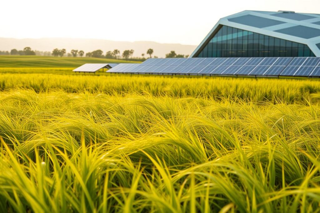 A futuristic and integrated landscape showcasing the harmonious coexistence of lush grasslands and innovative solar energy technology. In the foreground, a vast expanse of verdant, swaying Capim grass undulates gently, conveying a sense of natural abundance. The middle ground features a state-of-the-art solar farm, with rows of sleek, crystalline solar panels capturing the sun's radiant energy. The background is dominated by a clean, minimalist architectural structure, its angular lines and glass façade reflecting the technological advancements powering this integrated system. Warm, diffused lighting bathes the scene, creating a serene and optimistic atmosphere that suggests the promising future of this sustainable energy solution.