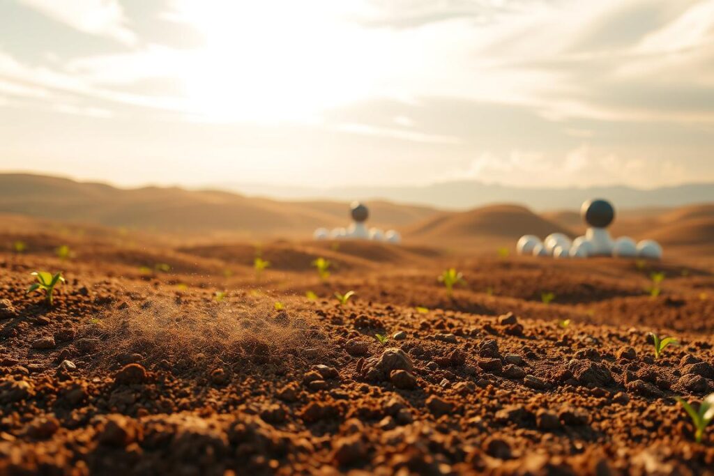A futuristic landscape showcasing the latest advances in nanotechnology for soil conservation. In the foreground, nanomaterials are being precisely applied to the earth, forming a protective shield against erosion. The middle ground depicts microscopic sensors monitoring soil health and moisture levels, relaying data to a central control system. In the distant background, innovative 3D-printed structures emerge, designed to stabilize slopes and channels, blending seamlessly with the natural terrain. Warm, golden sunlight filters through wispy clouds, casting a hopeful, forward-looking atmosphere. Crisp, detailed, hyper-realistic rendering with a sense of technological wonder and environmental harmony.